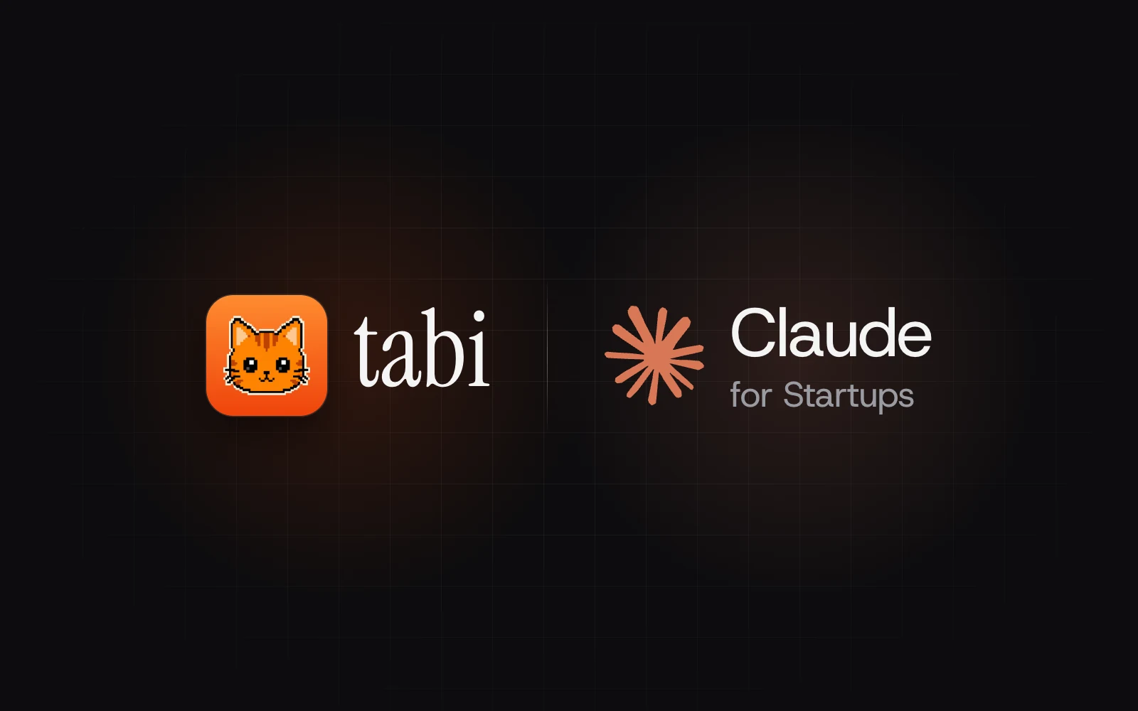 tabi’s app icon and wordmark beside Claude’s spark and the words Claude for Startups