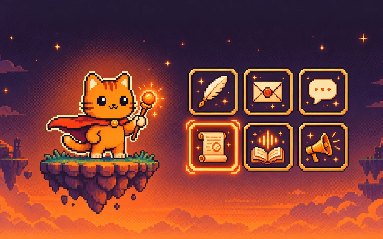 Pixel art of an orange tabby cat in a cape holding a glowing staff on a floating island, beside an inventory of six items: a quill, an envelope, a speech bubble, a scroll, a book with sound waves and a megaphone