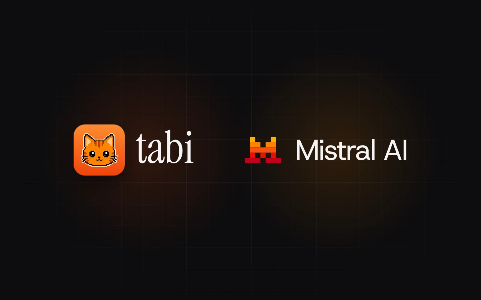 tabi&rsquo;s app icon and wordmark beside Mistral AI&rsquo;s pixel M and name